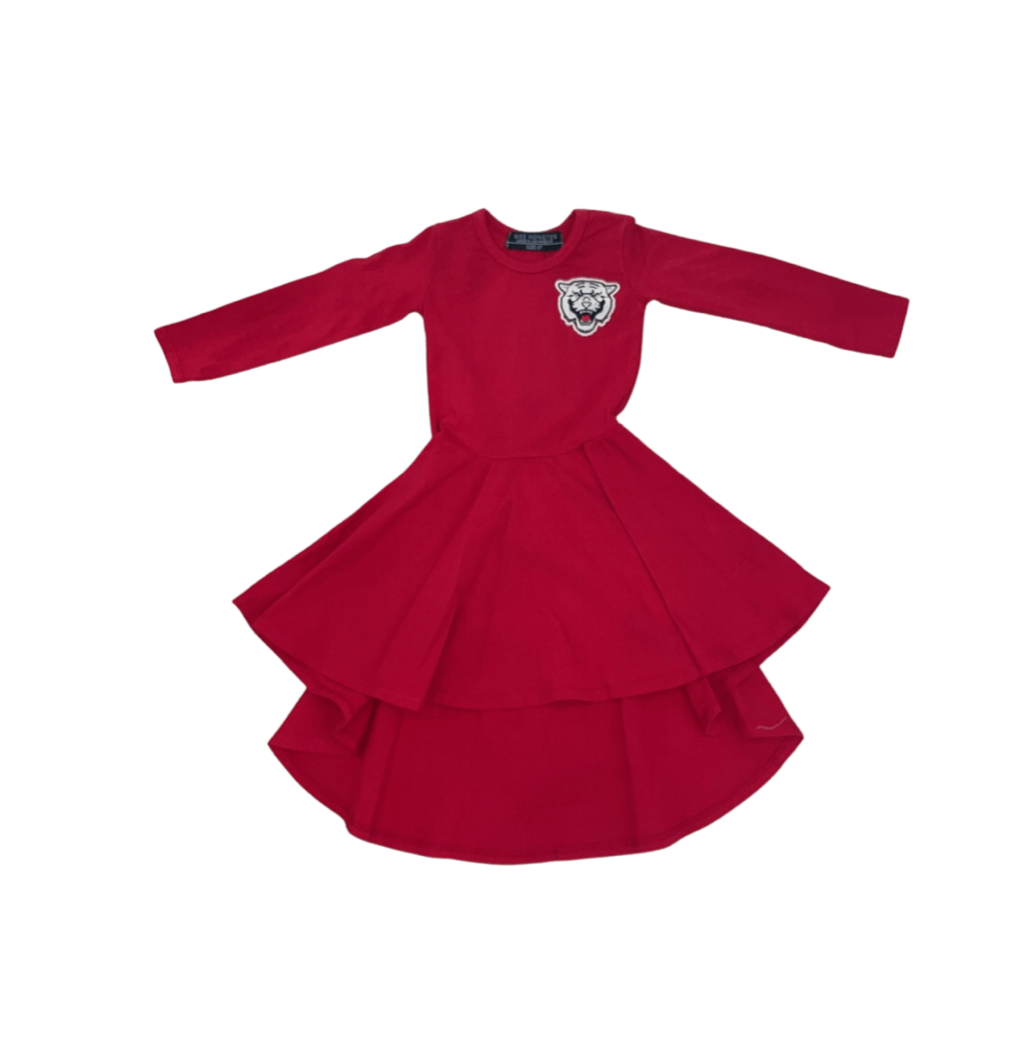 Long Sleeve Circle Dress with Tiger Patch - Red